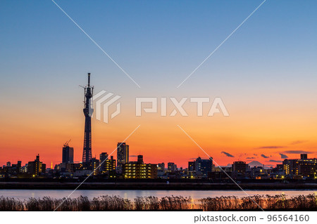 "Tokyo" Tokyo Skytree under construction viewed from the Arakawa riverbed at dusk "Tokyo" Tokyo Skytree under construction viewed from the Arakawa riverbed at dusk 96564160