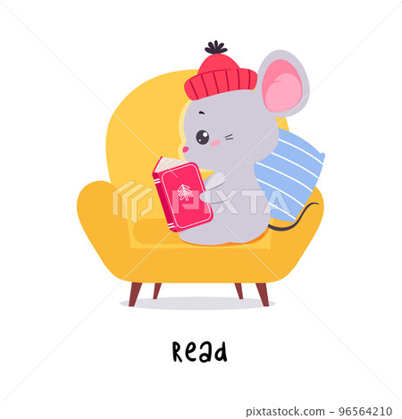 Little Mouse Sitting on Armchair and Reading Book Demonstrating English Verb for Educational Activity Vector Illustration Little Mouse Sitting on Armchair and Reading Book Demonstrating English Verb for Educational Activity Vector Illustration 96564210