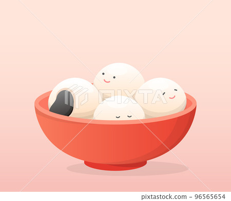 A bowl of glutinous rice balls with playful and cute expressions and mascots, glutinous rice sweets in Asia, traditional dim sum for Lantern Festival or Winter Solstice 96565654