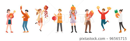 一套男性與女性與中國農曆新年的元素,紅紙包與錢幣 一套男性與女性與中國農曆新年的元素,紅紙包與錢幣 96565715