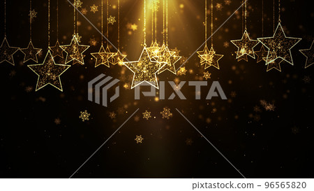 Gold Background Merry Christmas Concept Greeting Card Gifts. Christmas Star Shape and Shining Light with Particles Falling Snowflakes 96565820