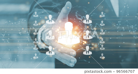 Businessman on blurred background with people connection icon and business leadership chart. 96566707