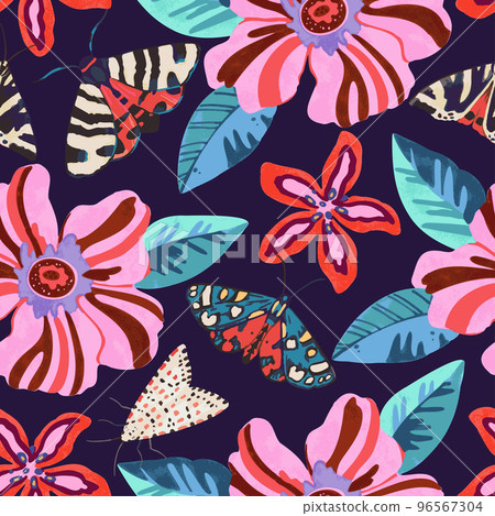 Colorful psychedelic pattern with abstract tropical flowers and moths for fabric, wrapping paper. Vector illustration Colorful psychedelic pattern with abstract tropical flowers and moths for fabric, wrapping paper. Vector illustration 96567304