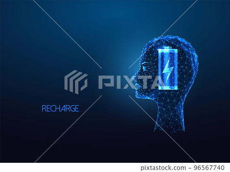Futuristic mind recharge, emotional and spiritual rest concept with human head and battery symbols Futuristic mind recharge, emotional and spiritual rest concept with human head and battery symbols 96567740