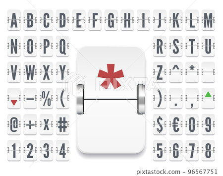 White flip board font with numbers for stock exchange rates. Retro airport terminal mechanical scoreboard alphabet for financial info and timetable vector illustration White flip board font with numbers for stock exchange rates. Retro airport terminal mechanical scoreboard alphabet for financial info and timetable vector illustration 96567751