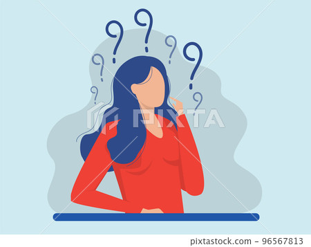 Woman Thinking with question mark, doubts, problems, thoughts, emotions. Curious woman questioning,Flat cartoon vector illustration. Woman Thinking with question mark, doubts, problems, thoughts, emotions. Curious woman questioning,Flat cartoon vector illustration. 96567813