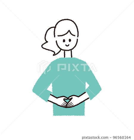 Upper body of an adult woman with both hands on her stomach 96568164