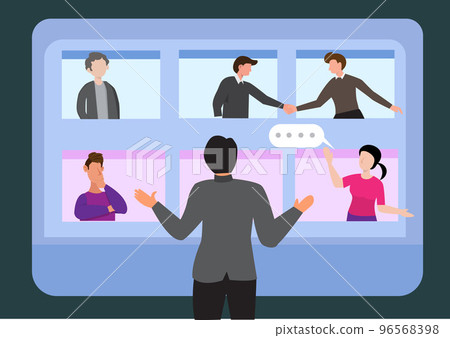 Cooperation concept businessman and businesswoman meeting from computer To discuss work, team meetings, or brainstorm new ideas. working together teamwork or 96568398