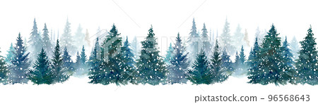 白雪皚皚的森林的水彩插圖。深林景觀。無縫模式。 白雪皚皚的森林的水彩插圖。深林景觀。無縫模式。 96568643