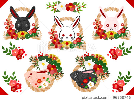 Japanese paper watercolor rabbit, Ume camellia and Shime decoration rabbit icon set 96568746