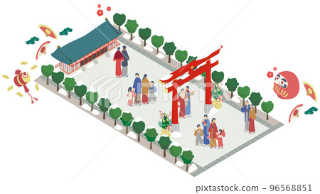 Isometric illustration of happy people going to a shrine for New Year's visit Isometric illustration of happy people going to a shrine for New Year's visit 96568851