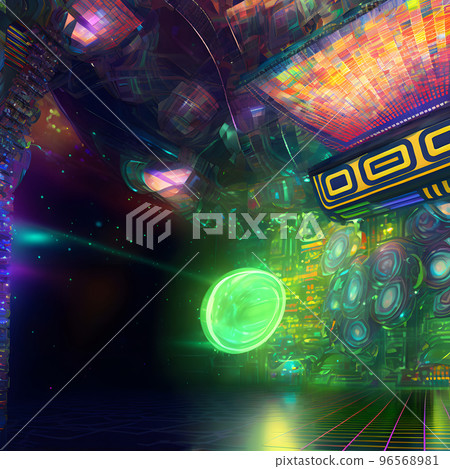 abstract empty disco club background with green glowing ball, neural network generated art 96568981