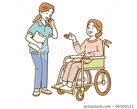 A senior woman in a wheelchair and a caregiver to talk A senior woman in a wheelchair and a caregiver to talk 96569121