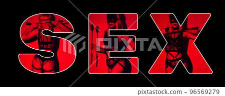 inscription Sex on a black background. Collage with a sexy woman with a leather whip for BDSM sex 96569279