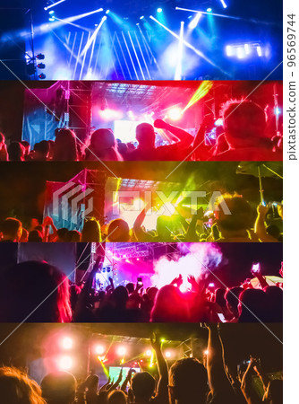 Crowd raising their hands and enjoying great festival party or concert. Crowd raising their hands and enjoying great festival party or concert. 96569744
