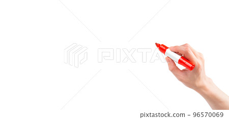 Hand with red marker pen (white background) 96570069