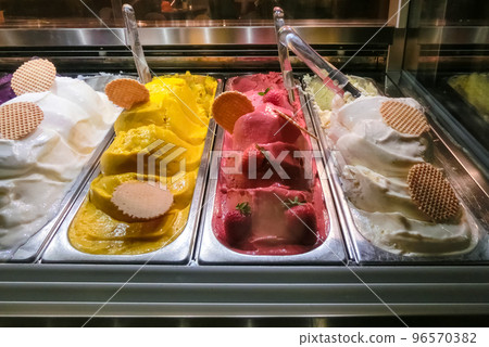 Different flavors of italian ice cream at Italy 96570382