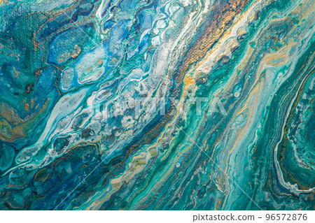 Abstract fluid art background. Turquoise, golden and white ocean, marble effect texture. Close-up of an acrylic painting on canvas. 96572876