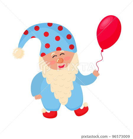 Cute gnome with balloon. Gnome in jumpsuit and hat is smiling. 96573009