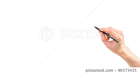 Hand holding a ballpoint pen (white background) 96573435