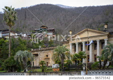 An antique-style building on the background of mountains in the city of Gagra, Abkhazia, in winter An antique-style building on the background of mountains in the city of Gagra, Abkhazia, in winter 96573542