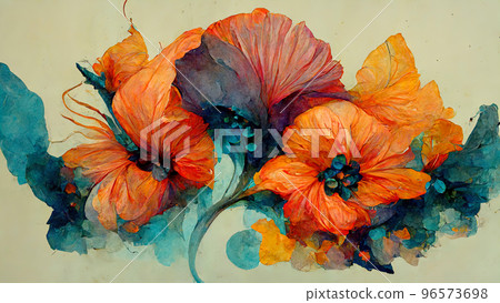 Abstract composition of plants and flower petals painting color texture. Modern floral pattern Abstract composition of plants and flower petals painting color texture. Modern floral pattern 96573698