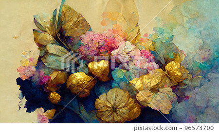 Abstract composition of plants and flower petals painting color texture. Modern floral pattern Abstract composition of plants and flower petals painting color texture. Modern floral pattern 96573700