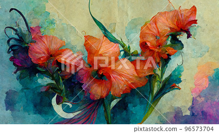 Abstract composition of plants and flower petals painting color texture. Modern floral pattern 96573704