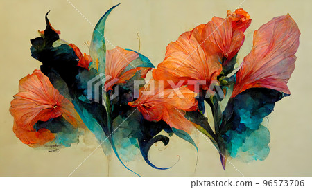 Abstract composition of plants and flower petals painting color texture. Modern floral pattern Abstract composition of plants and flower petals painting color texture. Modern floral pattern 96573706