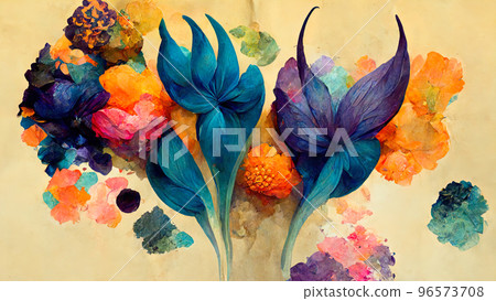 Abstract composition of plants and flower petals painting color texture. Modern floral pattern Abstract composition of plants and flower petals painting color texture. Modern floral pattern 96573708