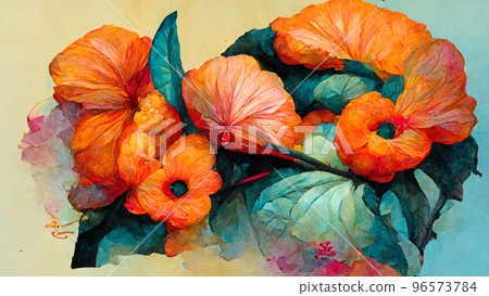 Abstract composition of plants and flower petals painting color texture. Modern floral pattern Abstract composition of plants and flower petals painting color texture. Modern floral pattern 96573784