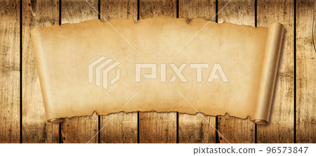 Old paper horizontal banner. Parchment scroll on a wood board 96573847