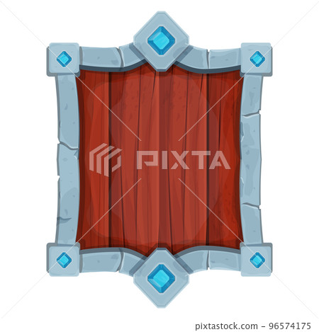 Stone and wooden shield armour medieval in cartoon style isolated on white background. Game weapon, frame, menu element. Stone and wooden shield armour medieval in cartoon style isolated on white background. Game weapon, frame, menu element. 96574175