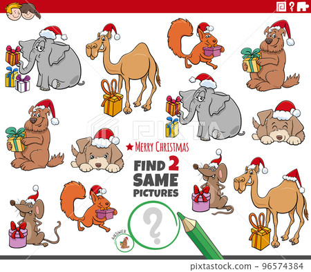 find two same cartoon animal characters on Christmas time 96574384