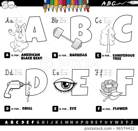 educational cartoon alphabet letters set from A to F color page educational cartoon alphabet letters set from A to F color page 96574412