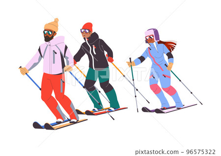 Man and Woman Character Skiing at Mountain Ski Resort in Winter Season Vector Illustration Man and Woman Character Skiing at Mountain Ski Resort in Winter Season Vector Illustration 96575322