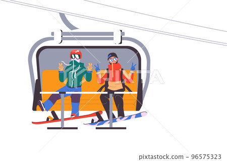 Man and Woman Snowboarder in Goggles Lifting Mountain with Elevator in Winter Season Vector Illustration Man and Woman Snowboarder in Goggles Lifting Mountain with Elevator in Winter Season Vector Illustration 96575323