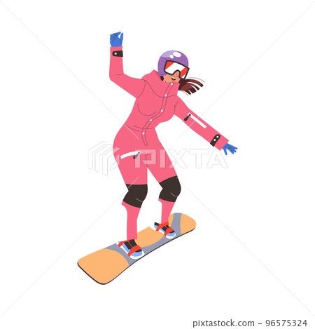 Woman Snowboarding Equipped with Helmet and Goggles in Winter Season Vector Illustration Woman Snowboarding Equipped with Helmet and Goggles in Winter Season Vector Illustration 96575324