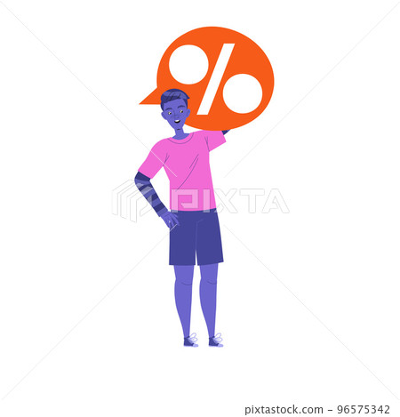 Young Man Character Holding Speech Bubble with Percentage Sign Vector Illustration 96575342