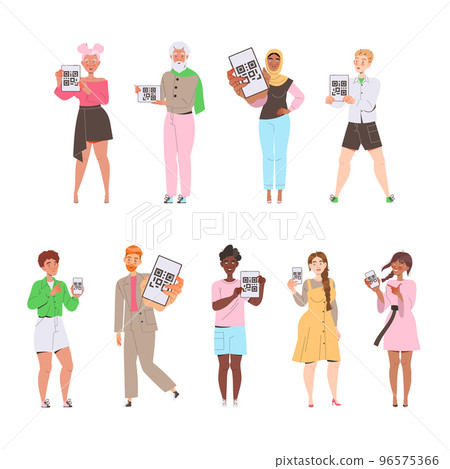 People Characters Showing QR Code on Their Gadget Vector Illustration Set People Characters Showing QR Code on Their Gadget Vector Illustration Set 96575366
