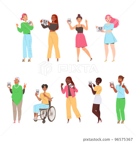 People Characters Showing QR Code on Their Gadget Vector Illustration Set 96575367