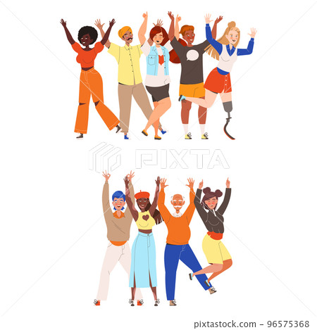 Happy and Rejoicing Group of People Characters Cheering Raising Hands Up Vector Set 96575368