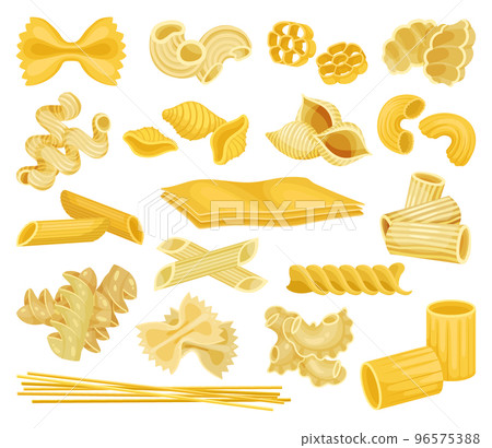 Pasta set. Italian spaghetti, cannelloni, farfalle, tagliatelle, spaghetti, conchiglie cartoon vector Pasta set. Italian spaghetti, cannelloni, farfalle, tagliatelle, spaghetti, conchiglie cartoon vector 96575388