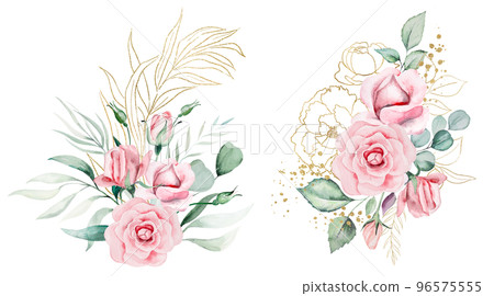 Bouquets made of pink watercolor flowers and green leaves, wedding and greeting illustration 96575555
