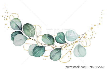 Bouquet made of green and golden watercolor eucalyptus leaves, wedding illustration 96575569