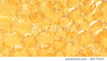 Golden oil bubbles, collagen serum or essence drops 3d render. Abstract geometric background with clear liquid texture, water balls or spheres, cosmetic macadamia, argan or jojoba oil Golden oil bubbles, collagen serum or essence drops 3d render. Abstract geometric background with clear liquid texture, water balls or spheres, cosmetic macadamia, argan or jojoba oil 96575837