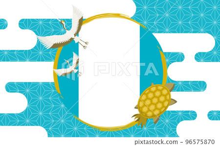 Japanese-style celebration frame material with Japanese-style cranes and turtles and Japanese patterns_horizontal_light blue and gold_no text Japanese-style celebration frame material with Japanese-style cranes and turtles and Japanese patterns_horizontal_light blue and gold_no text 96575870