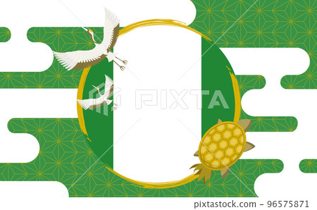 Japanese-style celebration frame material with Japanese-style cranes and turtles and Japanese patterns_horizontal length_green and gold_no text 96575871