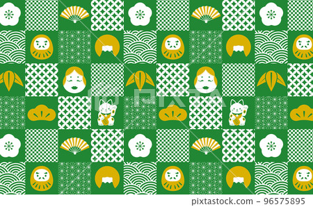 Symbol of Japan Checkered seamless pattern background with Japanese lucky charm_Pattern registered_Green and gold 96575895