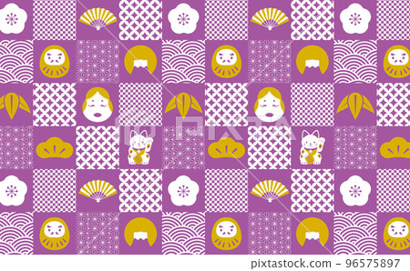 日本的象徵方格無縫圖案背景與日本幸運符_圖案註冊_紫色和金色 日本的象徵方格無縫圖案背景與日本幸運符_圖案註冊_紫色和金色 96575897
